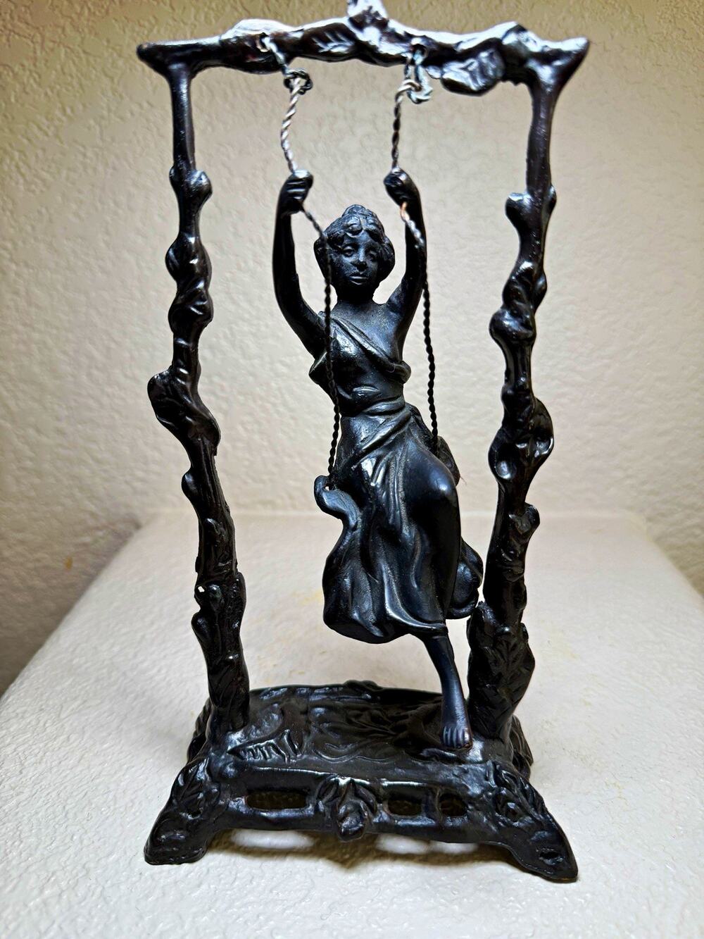 Vintage Art Nouveau Lady Girl on Swing Metal Sculpture After Moreau 9”